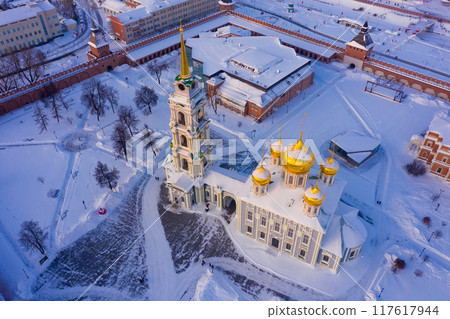 Aerial view of Tula Kremlin and Assumption Cathedral on winter day Aerial view of Tula Kremlin and Assumption Cathedral on winter day 117617944