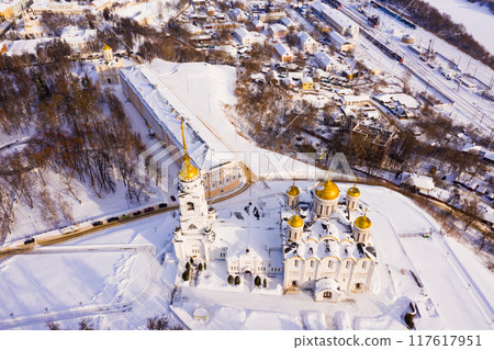 Aerial view of Assumption Cathedral in winter in the city of Vladimir. Aerial view of Assumption Cathedral in winter in the city of Vladimir. 117617951
