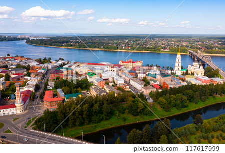 Aerial view of Rybinsk with Transfiguration Cathedral on bank of Volga and bridge 117617999