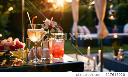 Summer party celebration in the garden, outdoor lounge and countryside house patio decor, English country cottage house design idea 117618020