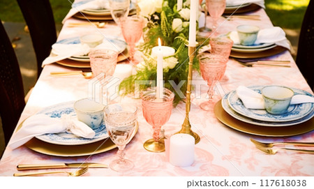Summer holiday tablescape, pink formal dinner table setting, table scape with elegant tableware and dinnerware for wedding party and event decor idea 117618038