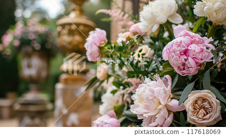 Wedding decoration with peonies, floral decor and event celebration, peony flowers and wedding ceremony in the garden, English country style Wedding decoration with peonies, floral decor and event celebration, peony flowers and wedding ceremony in the garden, English country style 117618069