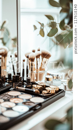Make-up cosmetic product, beauty products and cosmetics swatch sample flatlay, various makeup brand tools as glamour fashion night out background idea 117618140