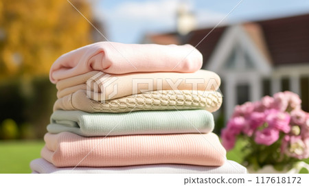 Laundry, housekeeping and homemaking, stack of clean and folded clothes in country house garden, post-processed, generative ai 117618172