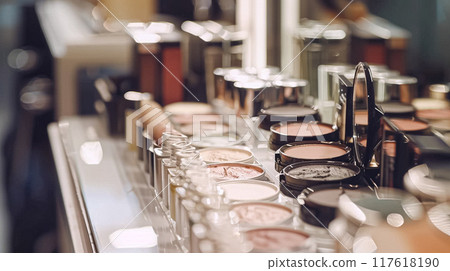Make-up cosmetic product, beauty products and cosmetics swatch sample flatlay, various makeup brand tools as glamour fashion night out background idea 117618190