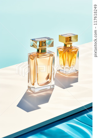Luxury womens fragrance, bottle of perfume scent by the swimming pool in summer, bespoke perfumery and beauty product sale commercial, post-processed, generative ai 117618249