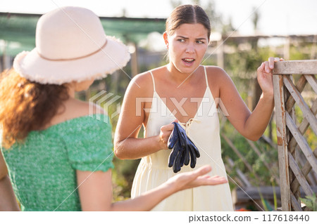 Two young women neighbors quarrel and swear near trellis Two young women neighbors quarrel and swear near trellis 117618440
