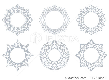 Set of decorative frames Elegant vector element for design in Eastern style, place for text. Floral gray and white borders. Lace illustration for invitations and greeting cards 117618542