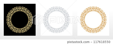 Set of decorative frames Elegant vector element for design in Eastern style, place for text. Floral black, golden and gray borders. Lace illustration for invitations and greeting cards 117618550