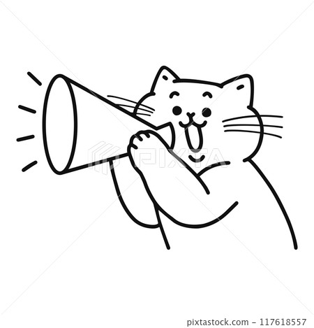 Cat holding a megaphone, line drawing 117618557