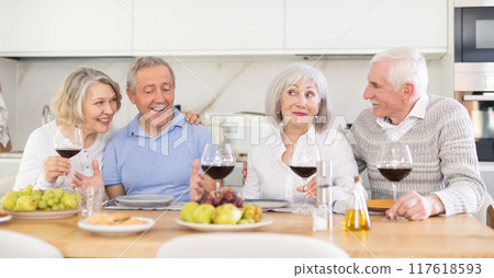 Couples of elderly women and men chatting and drinking 117618593