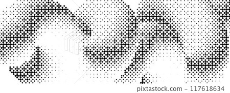 Pixelated curved gradient shape. Dotted dither undulate texture background. Liquid squiggling form for banner, poster, leaflet, brochure. Abstract rasterized overlay backdrop. Vector comic wallpaper 117618634