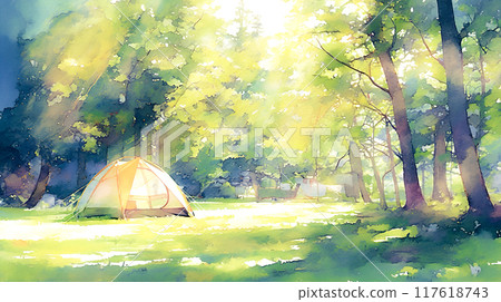 Watercolor illustration of a tent set up at a campsite in the forest 117618743