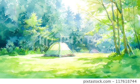 Watercolor illustration of a tent set up at a campsite in the forest 117618744