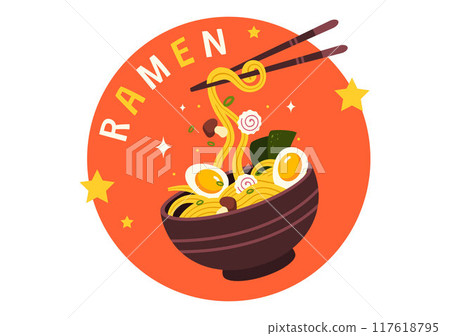 Ramen Vector Illustration of Japanese Food featuring Noodles, Chopsticks, Miso Soup, Boiled Egg, and Grilled Nori in a Flat Style Cartoon Background Ramen Vector Illustration of Japanese Food featuring Noodles, Chopsticks, Miso Soup, Boiled Egg, and Grilled Nori in a Flat Style Cartoon Background 117618795