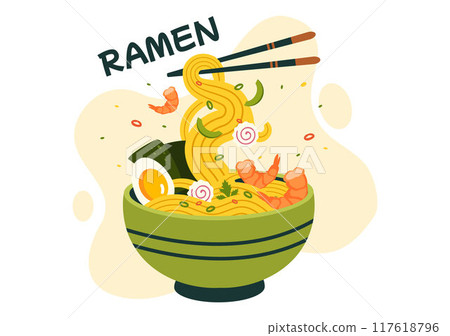 Ramen Vector Illustration of Japanese Food featuring Noodles, Chopsticks, Miso Soup, Boiled Egg, and Grilled Nori in a Flat Style Cartoon Background Ramen Vector Illustration of Japanese Food featuring Noodles, Chopsticks, Miso Soup, Boiled Egg, and Grilled Nori in a Flat Style Cartoon Background 117618796