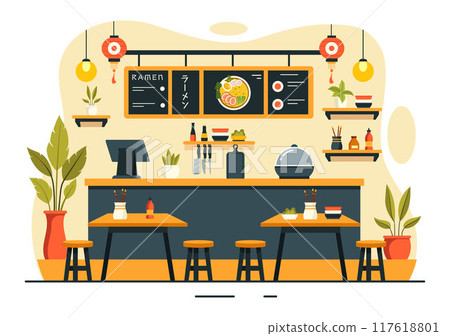 Translation : Ramen. Vector Illustration of Japanese Food featuring Noodles, Chopsticks, Miso Soup, Boiled Egg, and Grilled Nori in a Flat Background 117618801