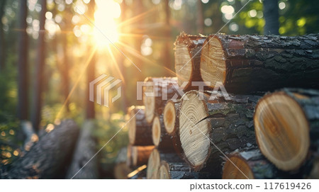Pile of Logs in a Forest 117619426