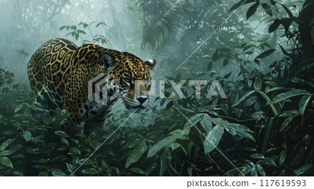 Jaguar Stalking Through Dense Jungle Vegetation 117619593