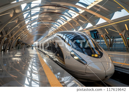 High-Speed Futuristic Train at Night Station 117619642