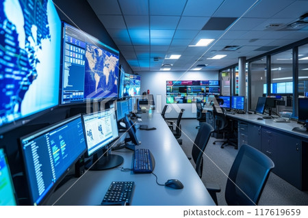 High Tech Control Room with Multiple Digital Displays 117619659
