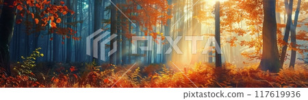 Sunlit Autumn Forest with Misty Morning 117619936