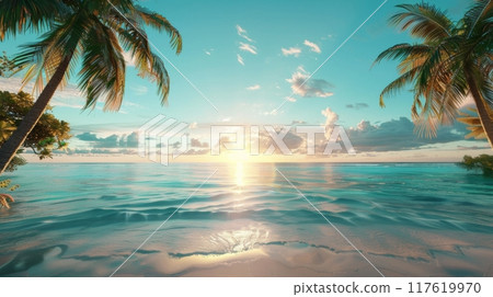 Tropical Beach Sunrise with Palm Trees Tropical Beach Sunrise with Palm Trees 117619970