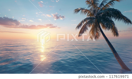 Tropical Beach Sunrise with Palm Trees 117619971