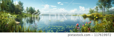 Tranquil Lake with Lush Vegetation and Flowers 117619972