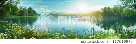 Tranquil Lake with Lush Vegetation and Flowers Tranquil Lake with Lush Vegetation and Flowers 117619973