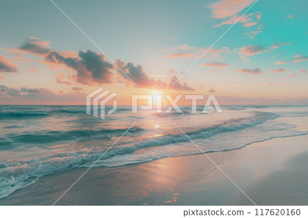 Sunlit rocky coastline with calm sea at sunset Sunlit rocky coastline with calm sea at sunset 117620160