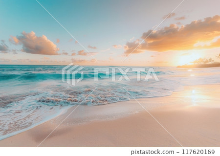 Tranquil beach at sunrise with gentle waves Tranquil beach at sunrise with gentle waves 117620169
