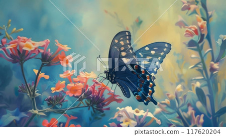Blue Butterfly on Colorful Flowers in Garden 117620204