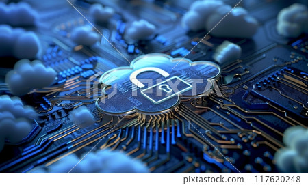 Cloud Security Lock Icon with Tech Background 117620248