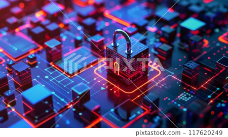 Cybersecurity Lock Icon on Digital Circuit Board 117620249