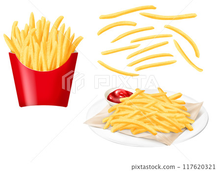 Delicious French fries on a plate and in a paper case Delicious French fries on a plate and in a paper case 117620321
