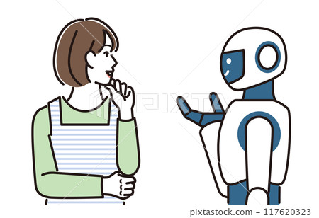 A woman in an apron talking to a robot 117620323
