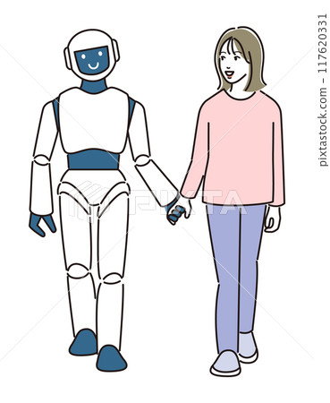A young woman walking happily with a robot 117620331
