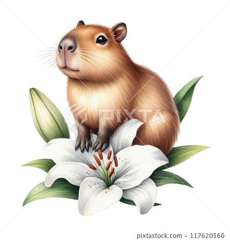 Cute capybara sitting on a lily flower 117620560