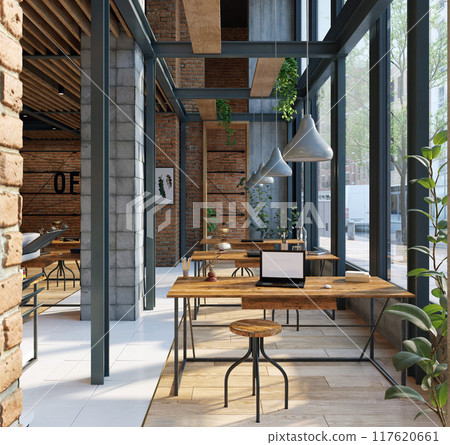 open office space with wooden floors and brick walls open office space with wooden floors and brick walls 117620661