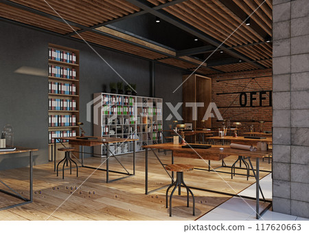 open office space with wooden floors and brick walls 117620663