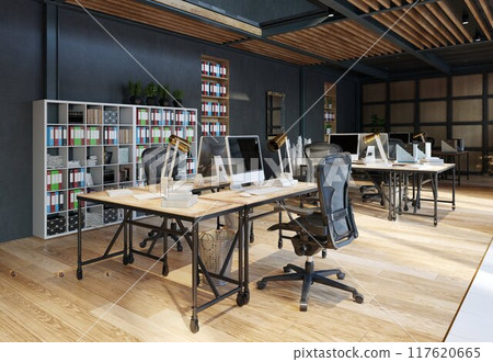 open office space with wooden floors and brick walls 117620665