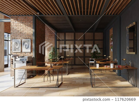 open office space with wooden floors and brick walls 117620669