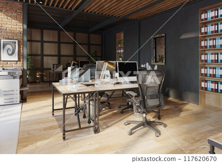 open office space with wooden floors and brick walls 117620670