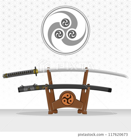 Samuray katanas on wooden stand 117620673