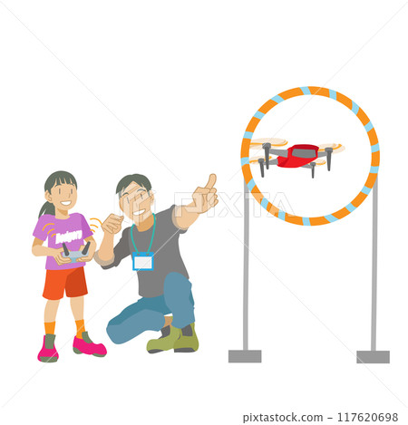 一個孩子試圖用玩具無人機穿過籃球圈的插圖 117620698