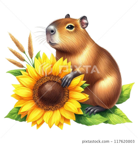 capybara sitting on a sunflower 117620803