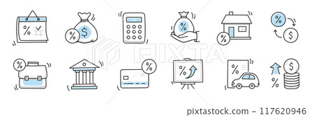 Loan interest rate doodle icon set. Hand drawn sketch doodle line style bank money loan interest rate icon for house, car discount percentage concept. Trendy cute element. Vector 117620946
