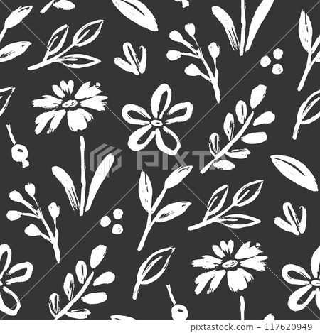 Flower brush seamless pattern. Floral abstract hand drawn brush paint background. Sketch hand drawn leaf floral paint seamless pattern. Chalkboard texture flower background. Vector Flower brush seamless pattern. Floral abstract hand drawn brush paint background. Sketch hand drawn leaf floral paint seamless pattern. Chalkboard texture flower background. Vector 117620949