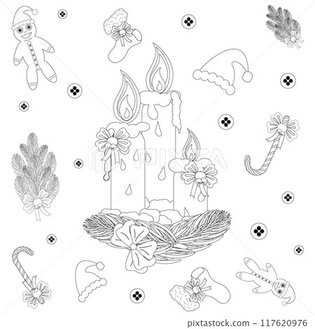 A delightful Christmas-themed coloring page featuring candles, gingerbread men, and festive decorations. Perfect for holiday creativity. 117620976